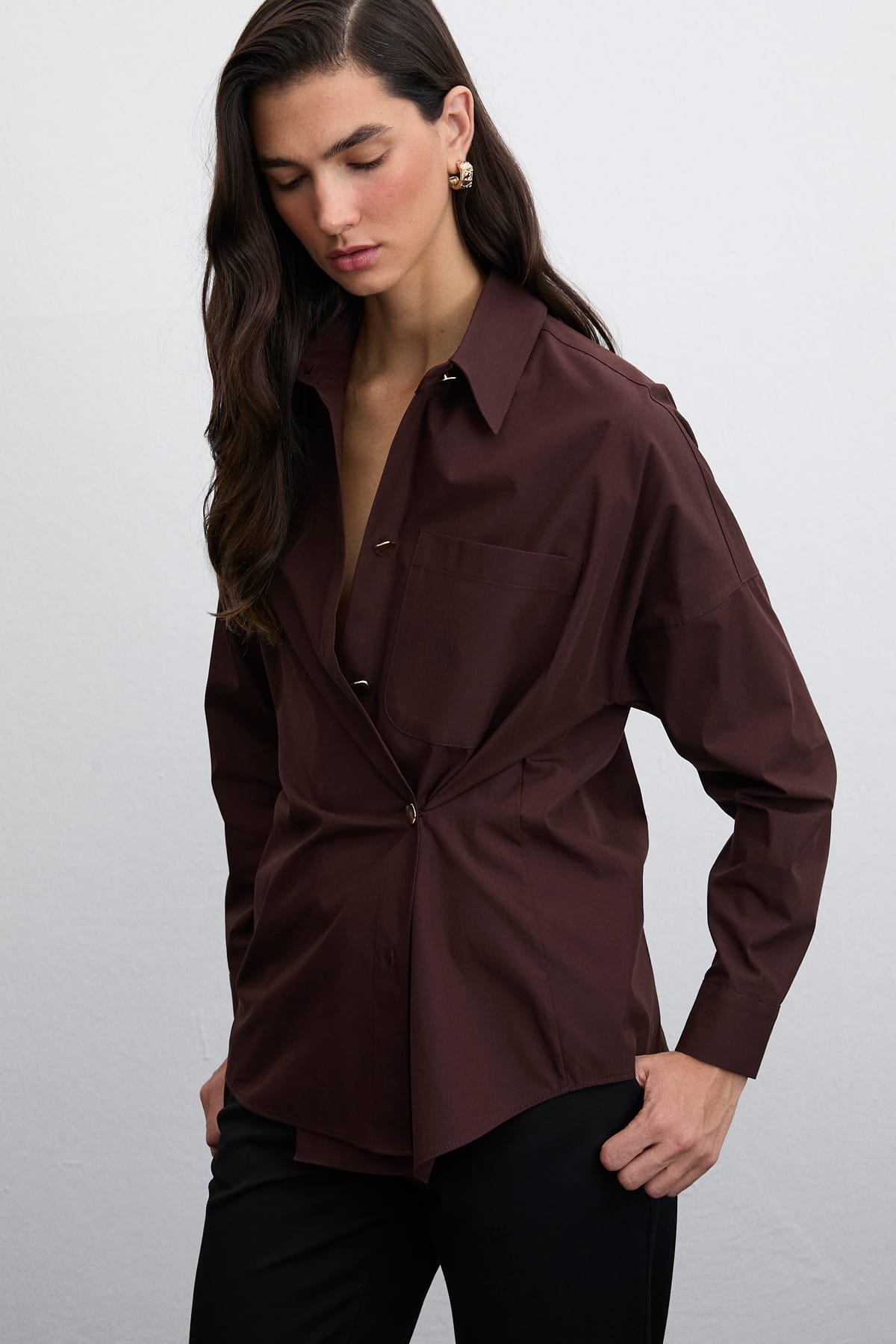 Base Düğme Detaylı Cotton Kahverengi Gömlek