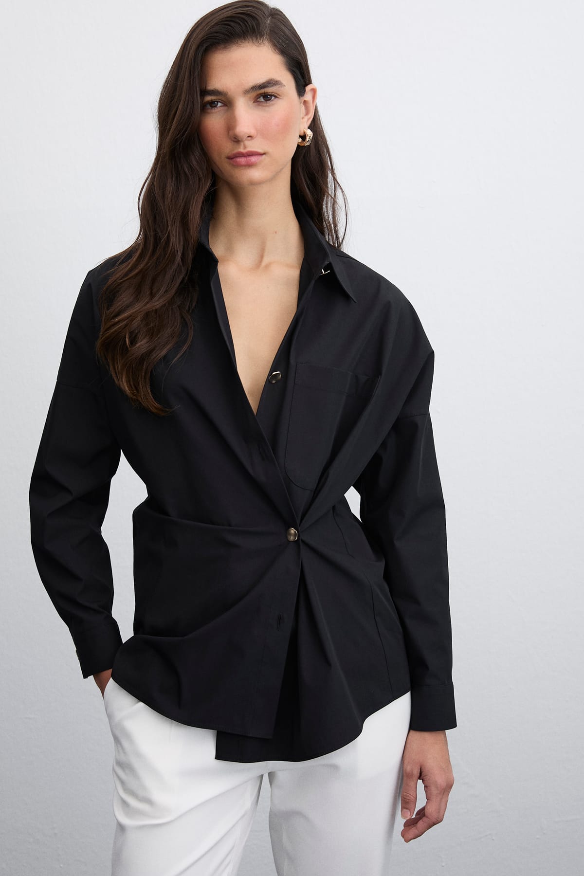 Base Düğme Detaylı Cotton Siyah Gömlek