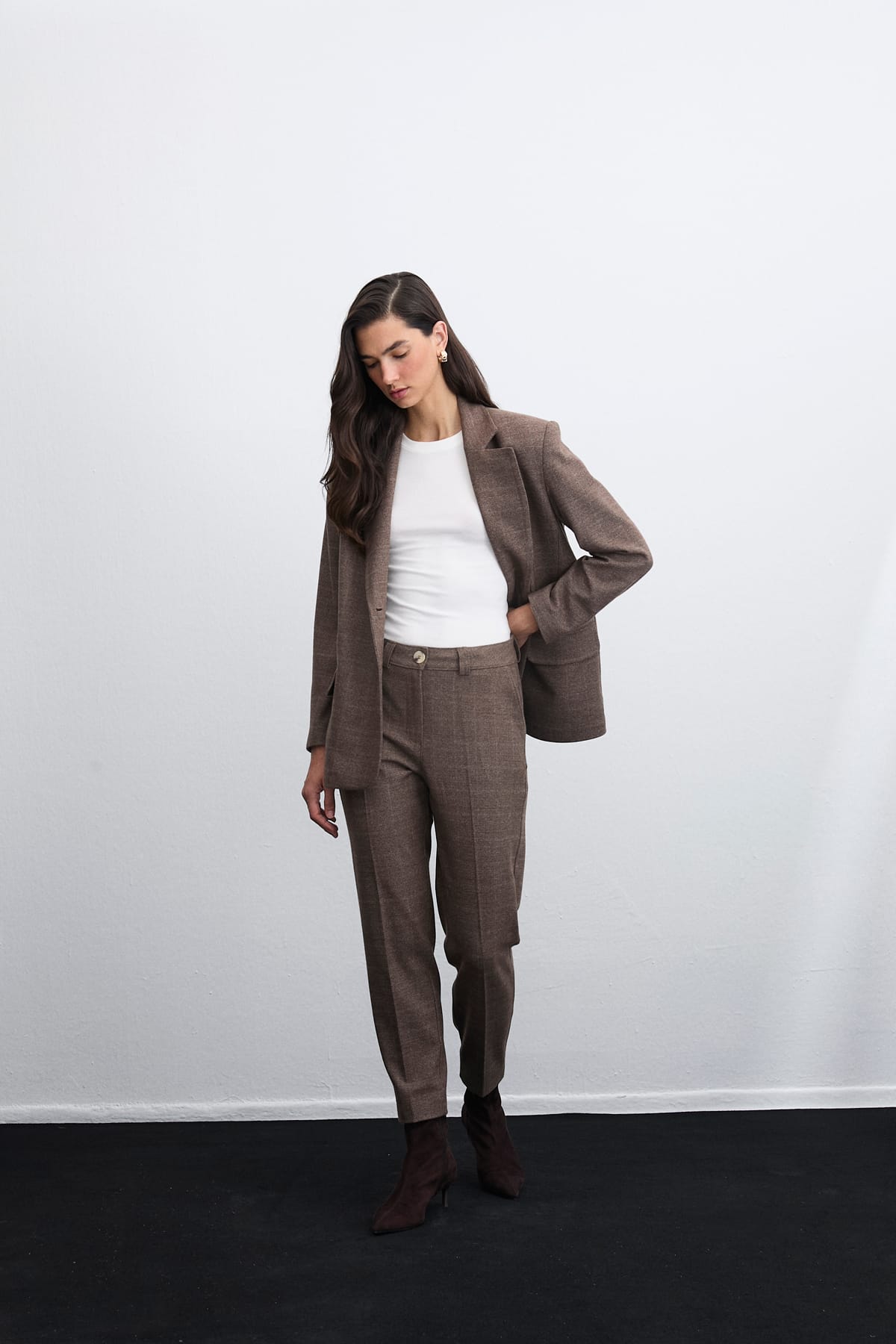 Grid Ekose Kumaş Kahverengi Pantolon