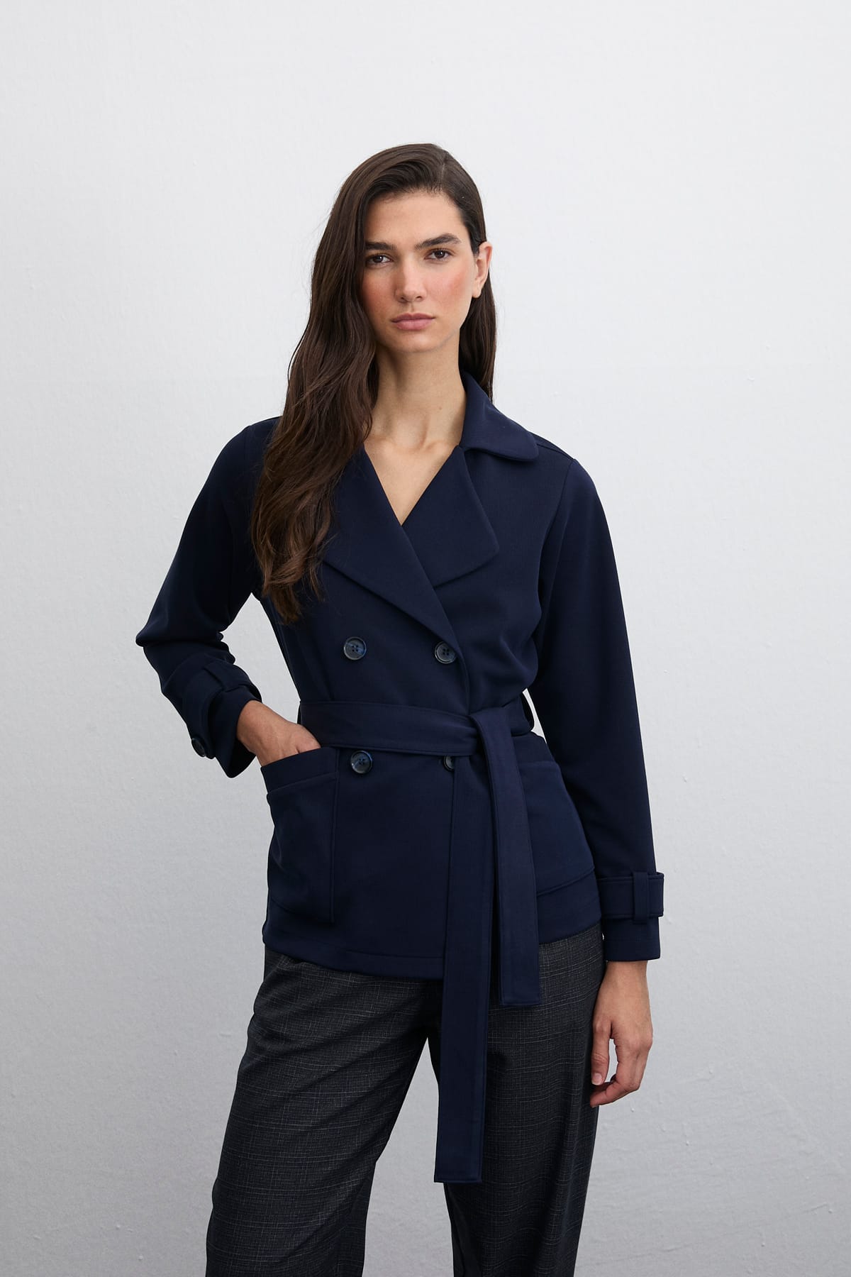 Cross Blazer Kruvaze Örme Lacivert Ceket