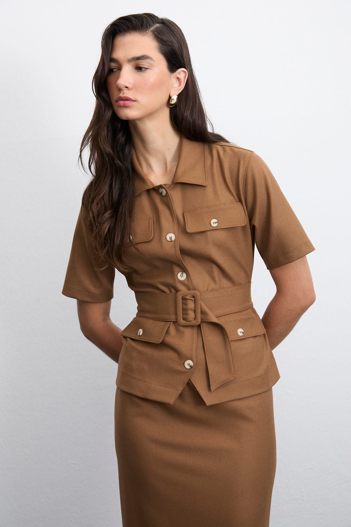 Urban Form Kısa Kollu Belinde Kemer Detaylı Taba Ceket