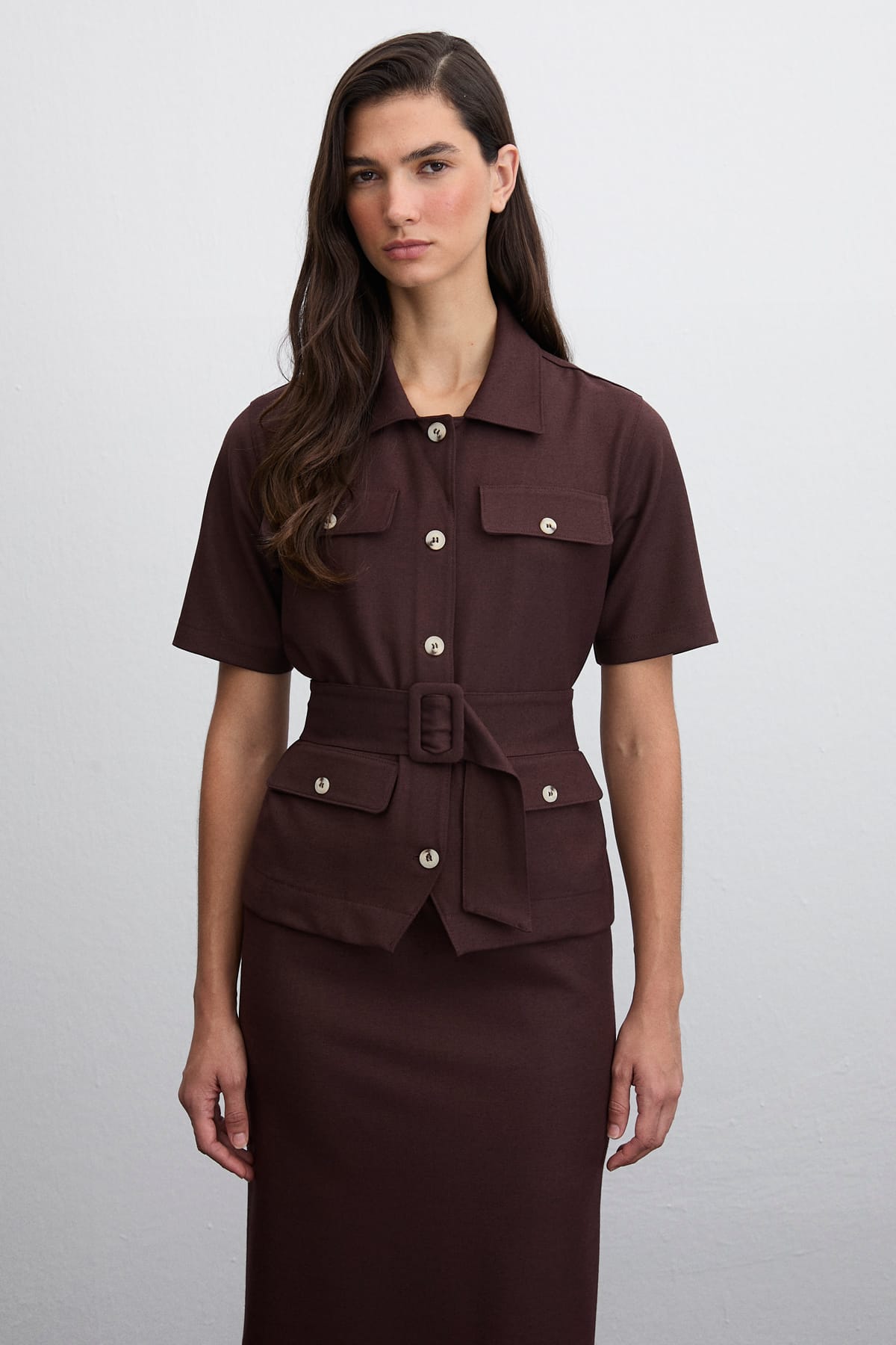 Urban Form Kısa Kollu Belinde Kemer Detaylı Bordo Ceket