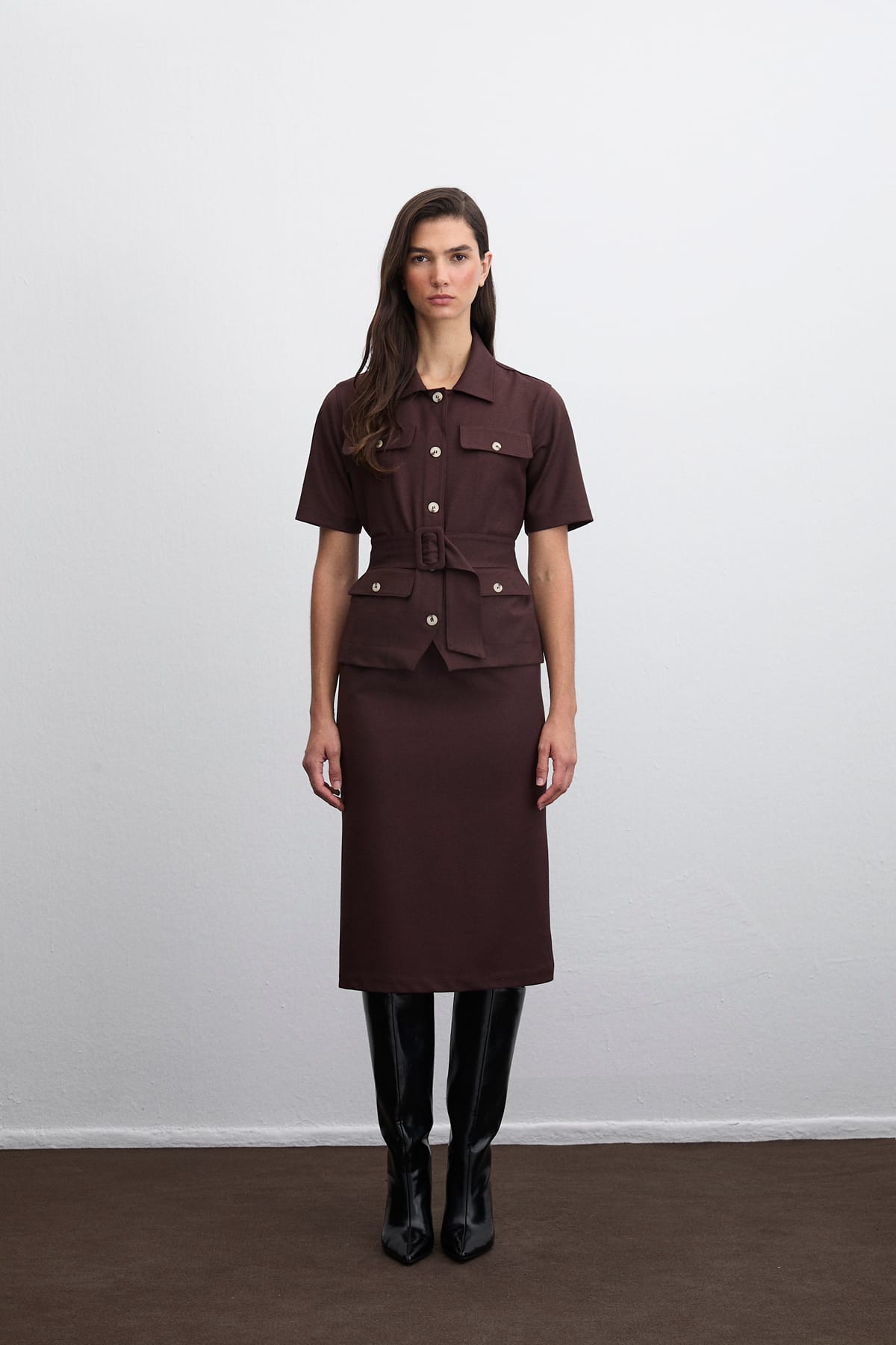 Urban Form Beli Lastikli Ve D Fermuar Detaylı Kaşe Bordo Etek