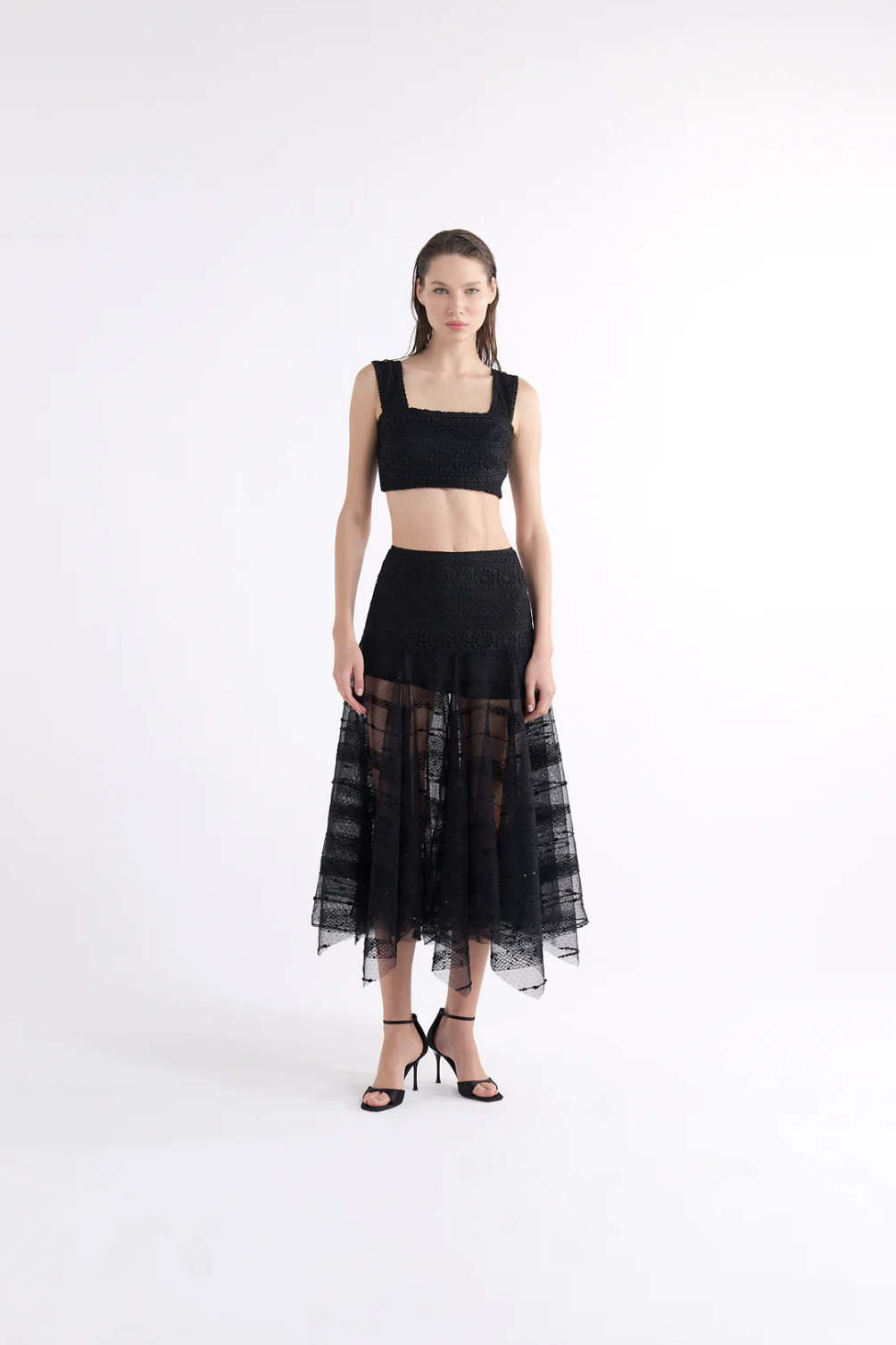 KATARIN HIGH-WAISTED BLACK MIDI ETEK WITH SHEER DETAILS