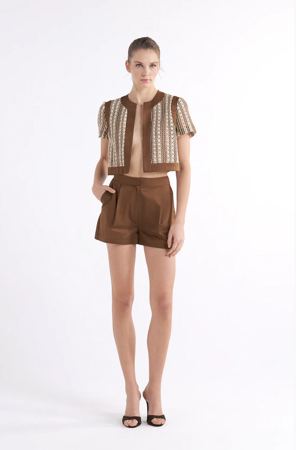 LEANNAH STRIPED DETAIL LACE SHORT-KOLSUZ KAHVRENGİ CEKET