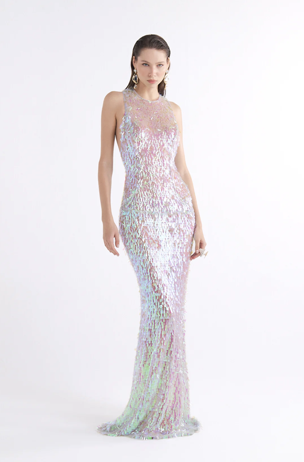 MERMAID SEQUIN-DETAILED HALTER NECK SPARKLING MAXI ELBİSE