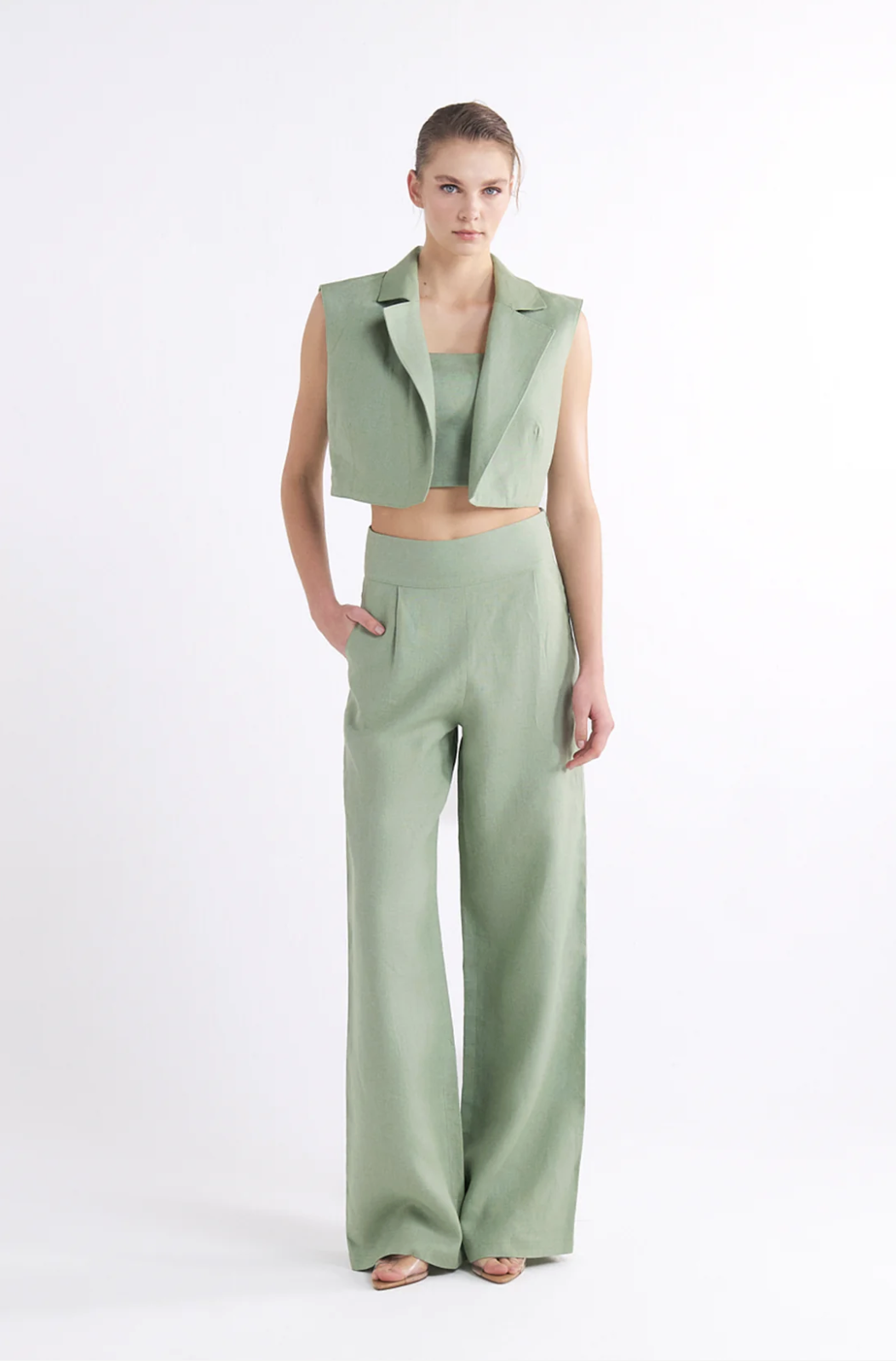 BRIONY GREEN HIGH-WAISTED WIDE-LEG PANTOLON