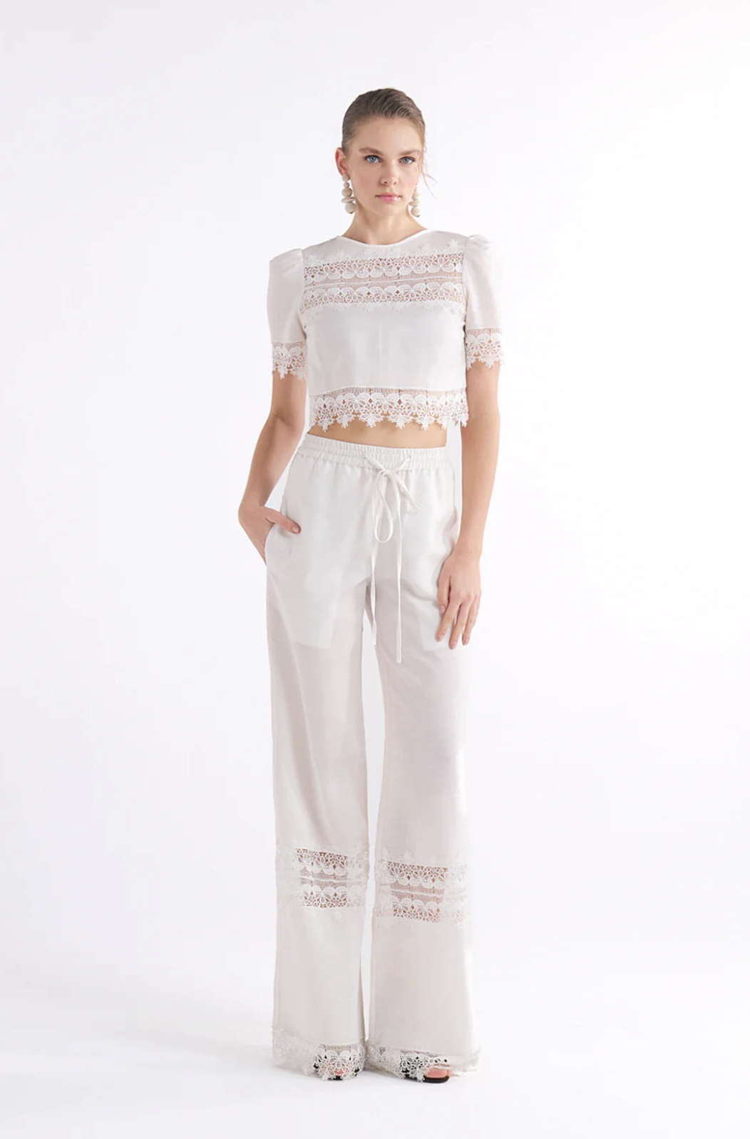 GABRIELLE WHITE WIDE-LEG DRAWSTRING DANTEL DETAYLI PANTOLON