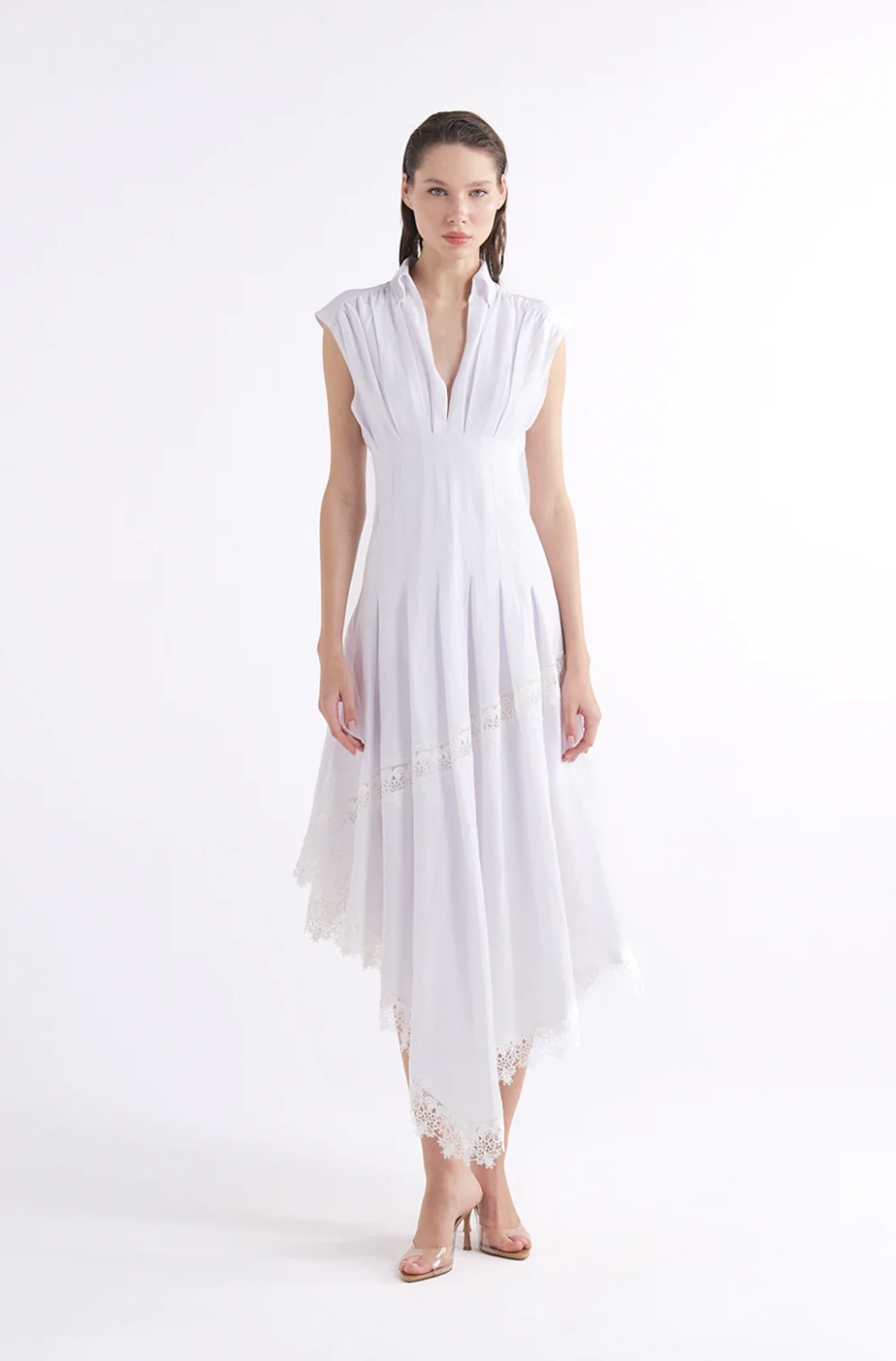 SIMONA WHITE V-NECK ASİMETRİK MIDI ELBİSE