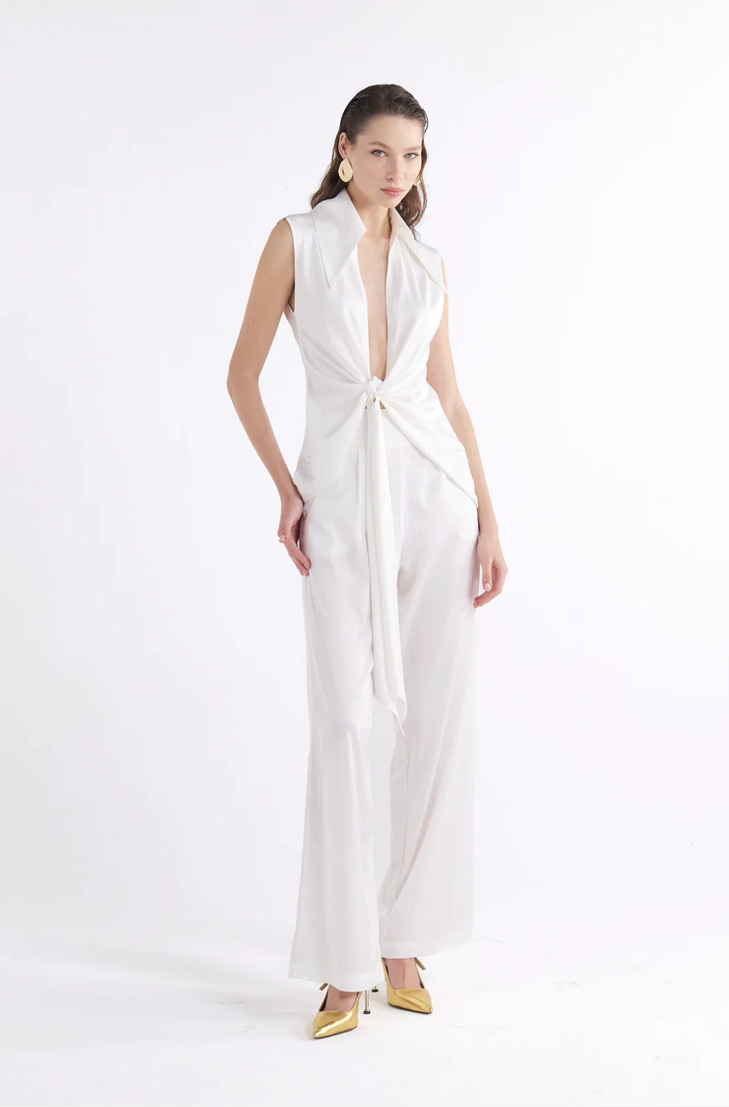 PAIGE WHITE HIGH-WAIST PLEATED PANTOLON