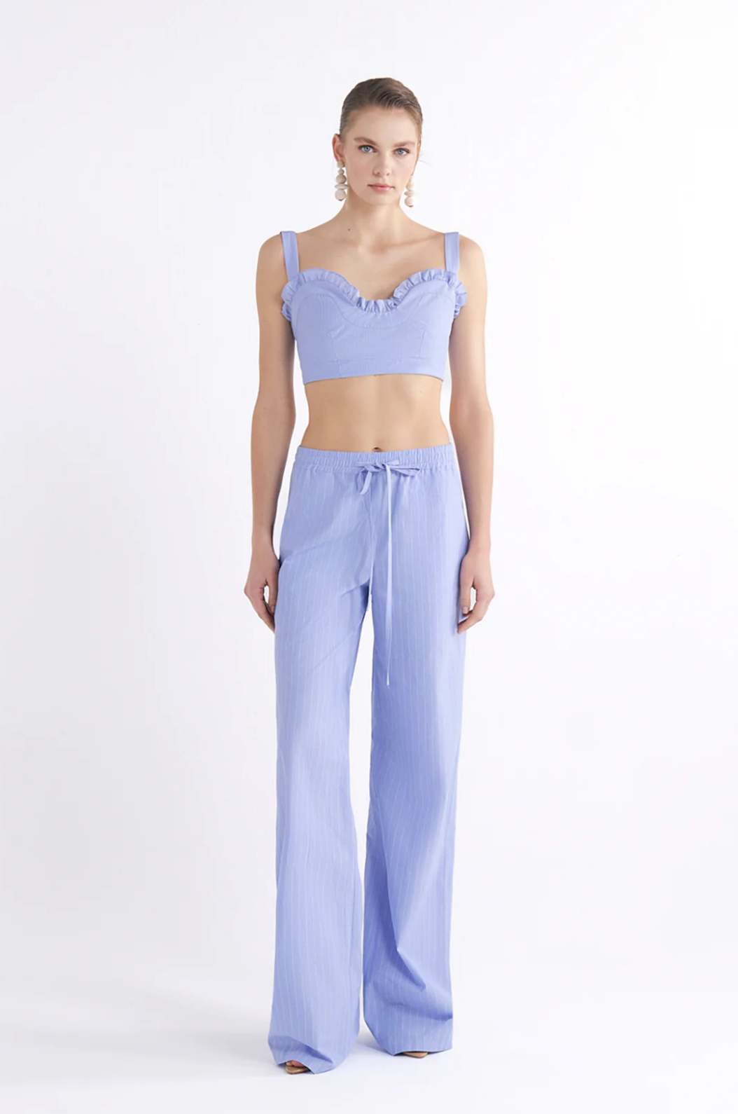 ELISA DRAWSTRING HIGH-WAISTED BLUE WIDE-LEG PANTOLON