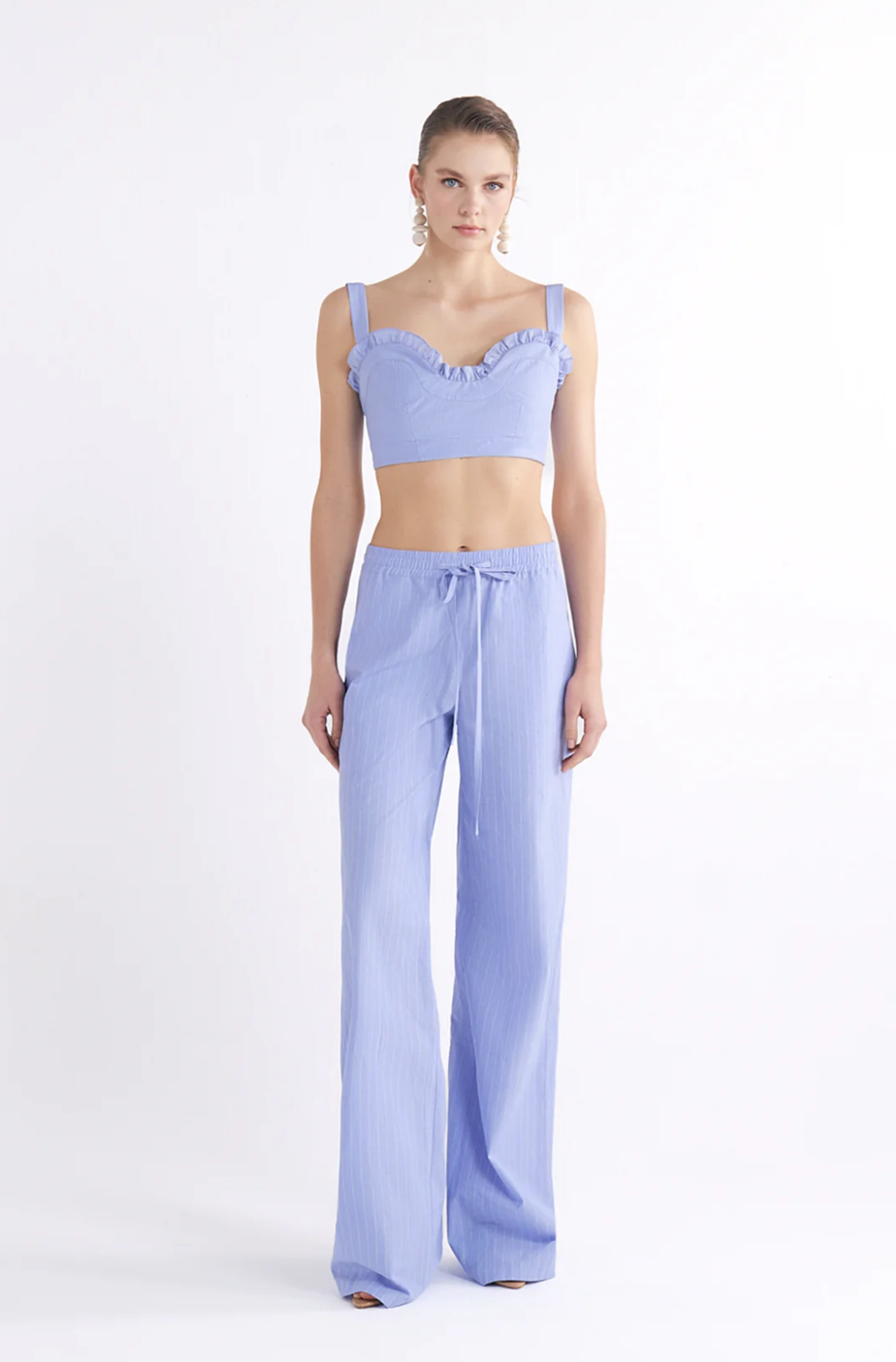 ELISA RUFFLE-DETAIL STRAPPY MAVİ CROP TOP