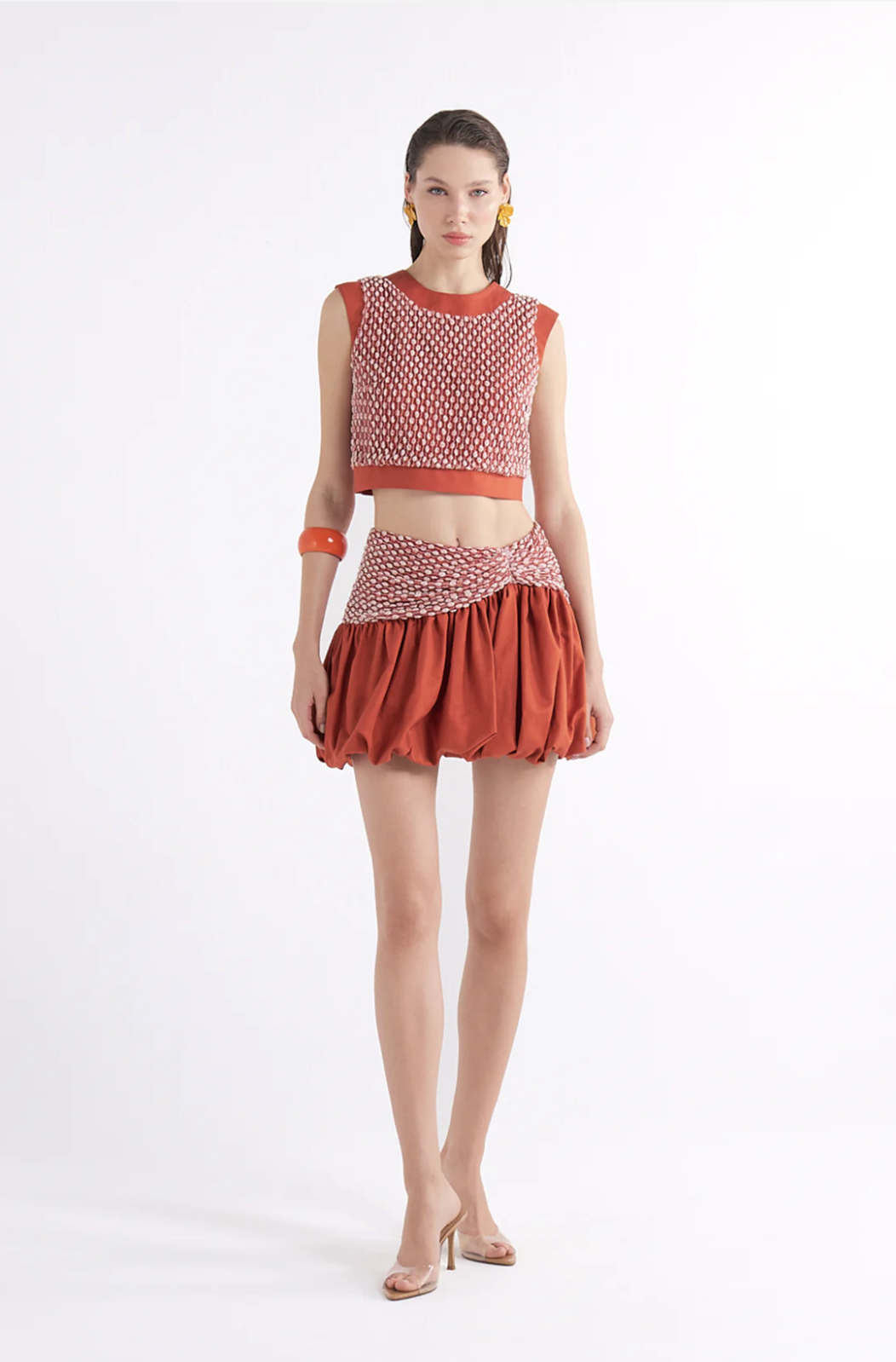 ESPERENZA TERRACOTTA HIGH-WAISTED MINI ETEK WITH DRAPED BUBBLE