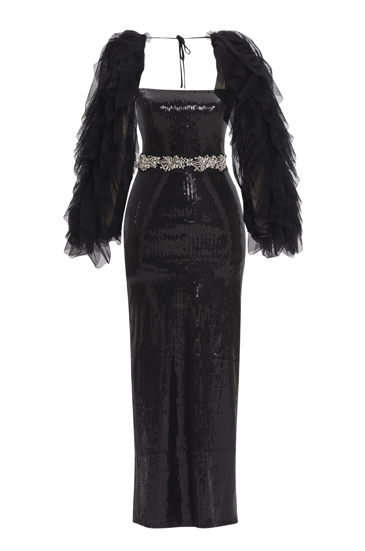 Sequin Maxi Gown with Tulle Cape