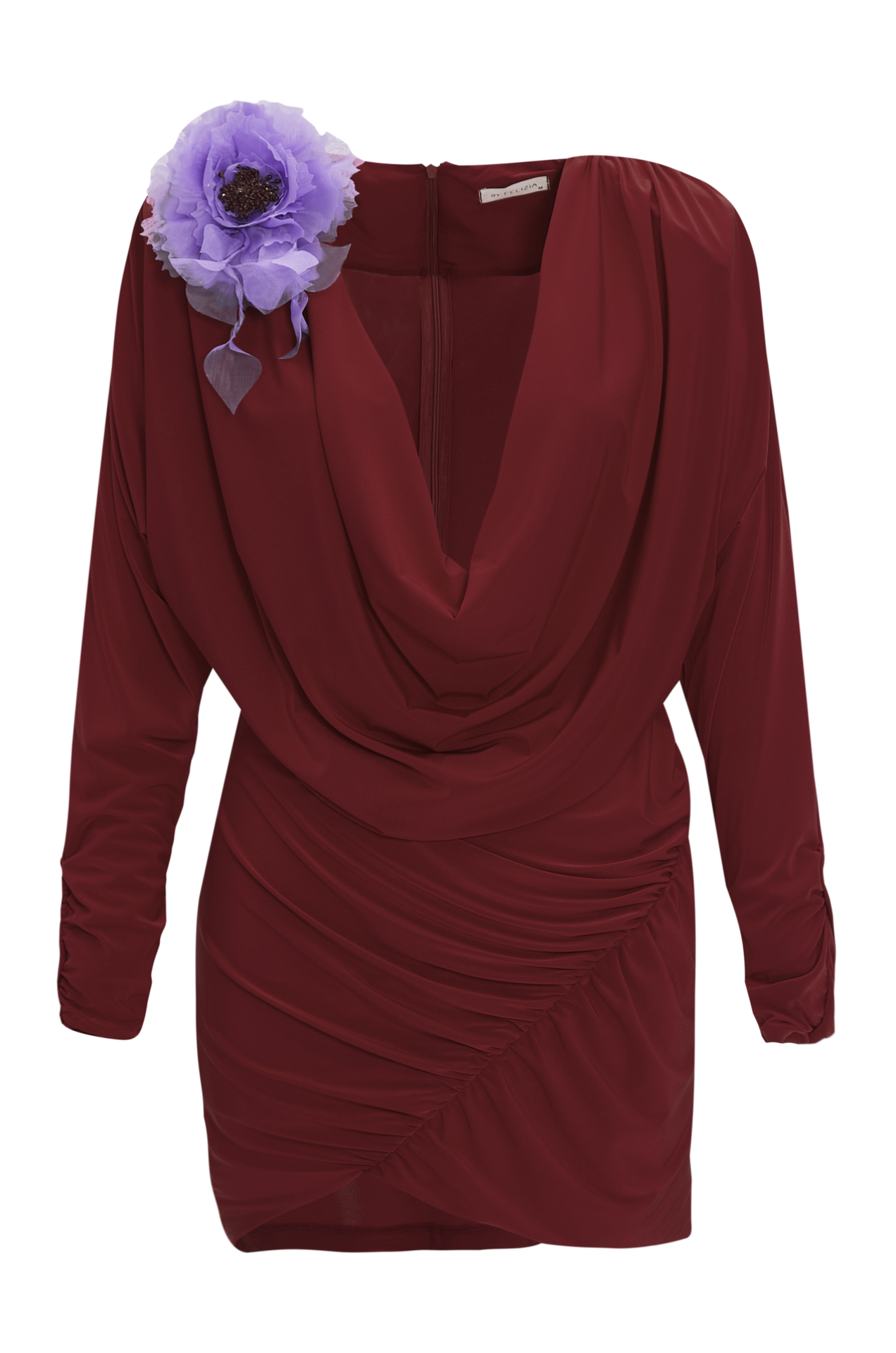 Cowl Neck Draped Jersey Mini Dress in Burgundy