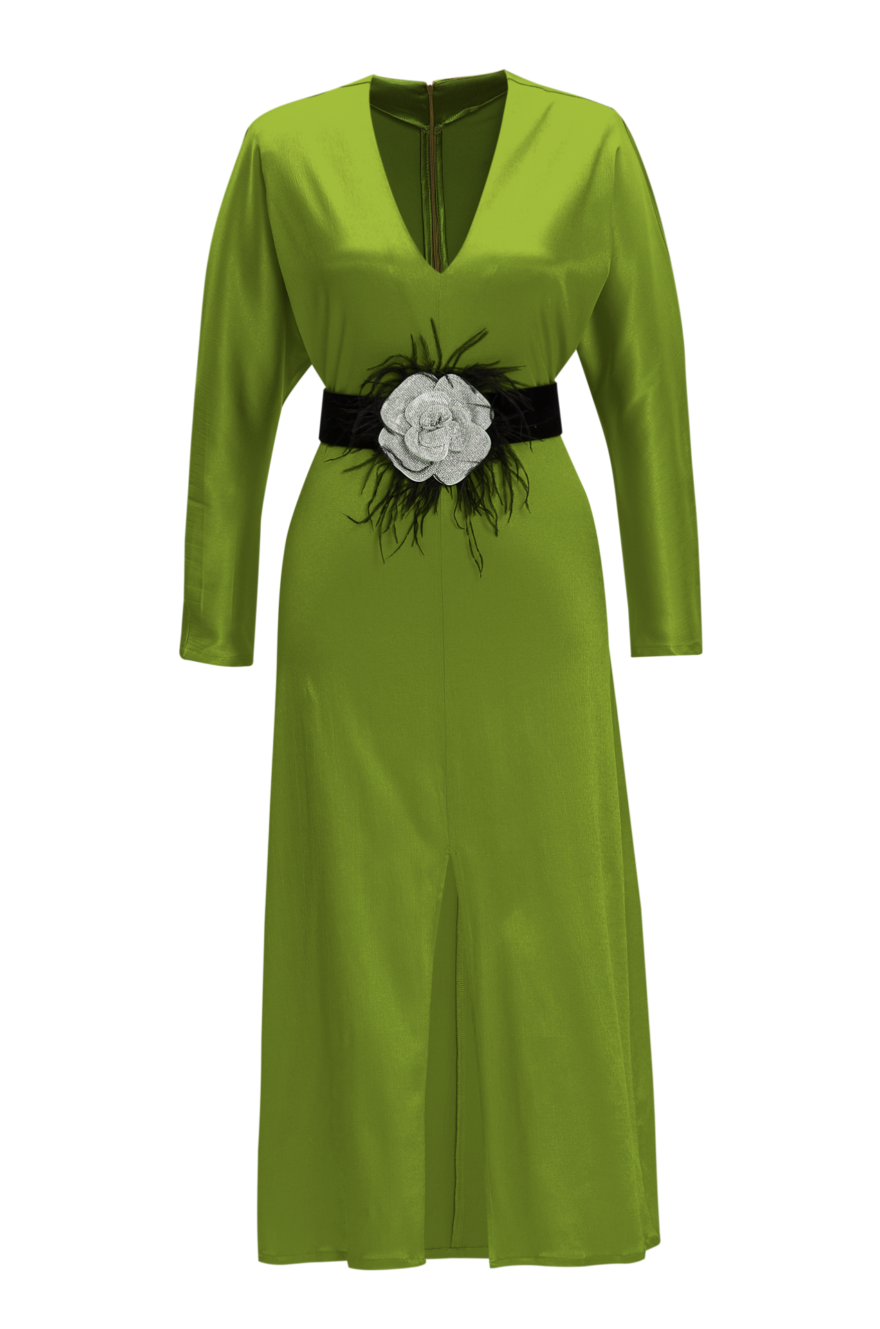 V-Neck Midi Dress with Front Slit in Green