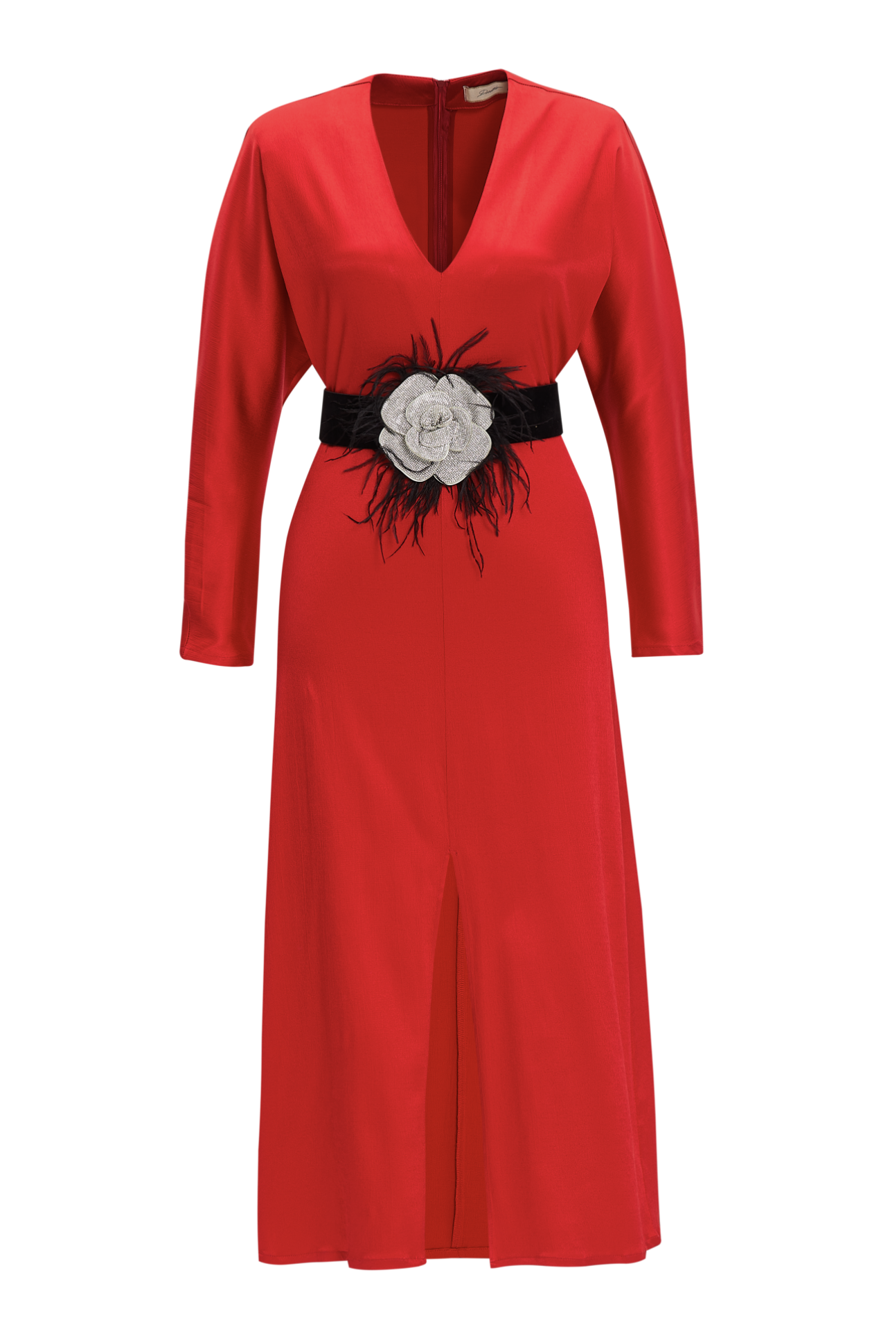 V-Neck Midi Dress with Front Slit in Red