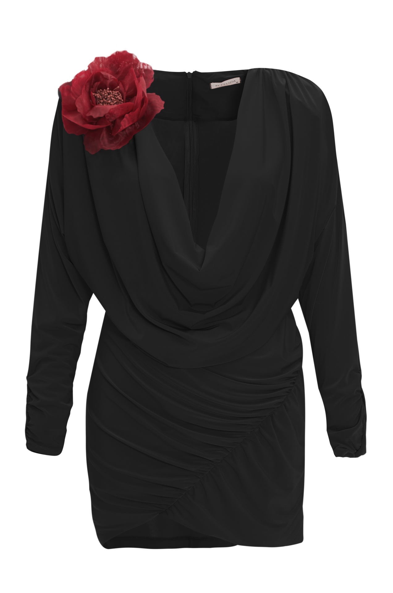 Cowl Neck Draped Jersey Mini Dress in Black