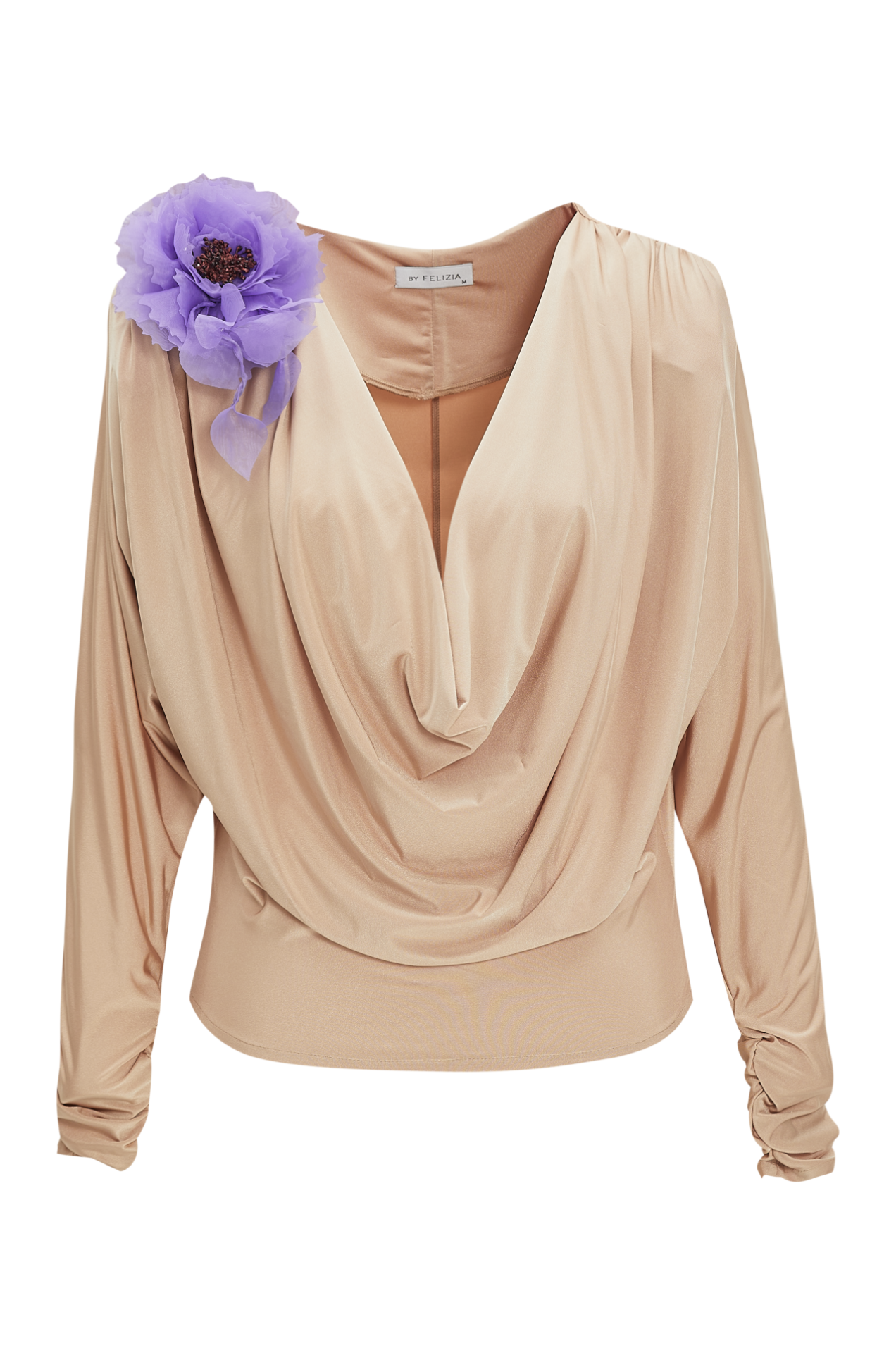 Cowl Neck Draped Jersey Top in Beige