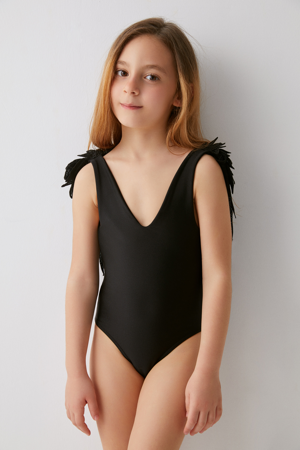 Siyah Dantel Kanat Detaylı Angel Siyah Çocuk Mayosu