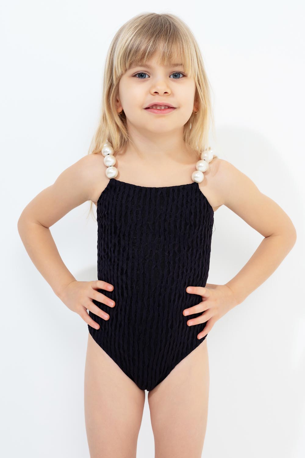 İnci Detaylı Perla Siyah Çocuk Mayosu