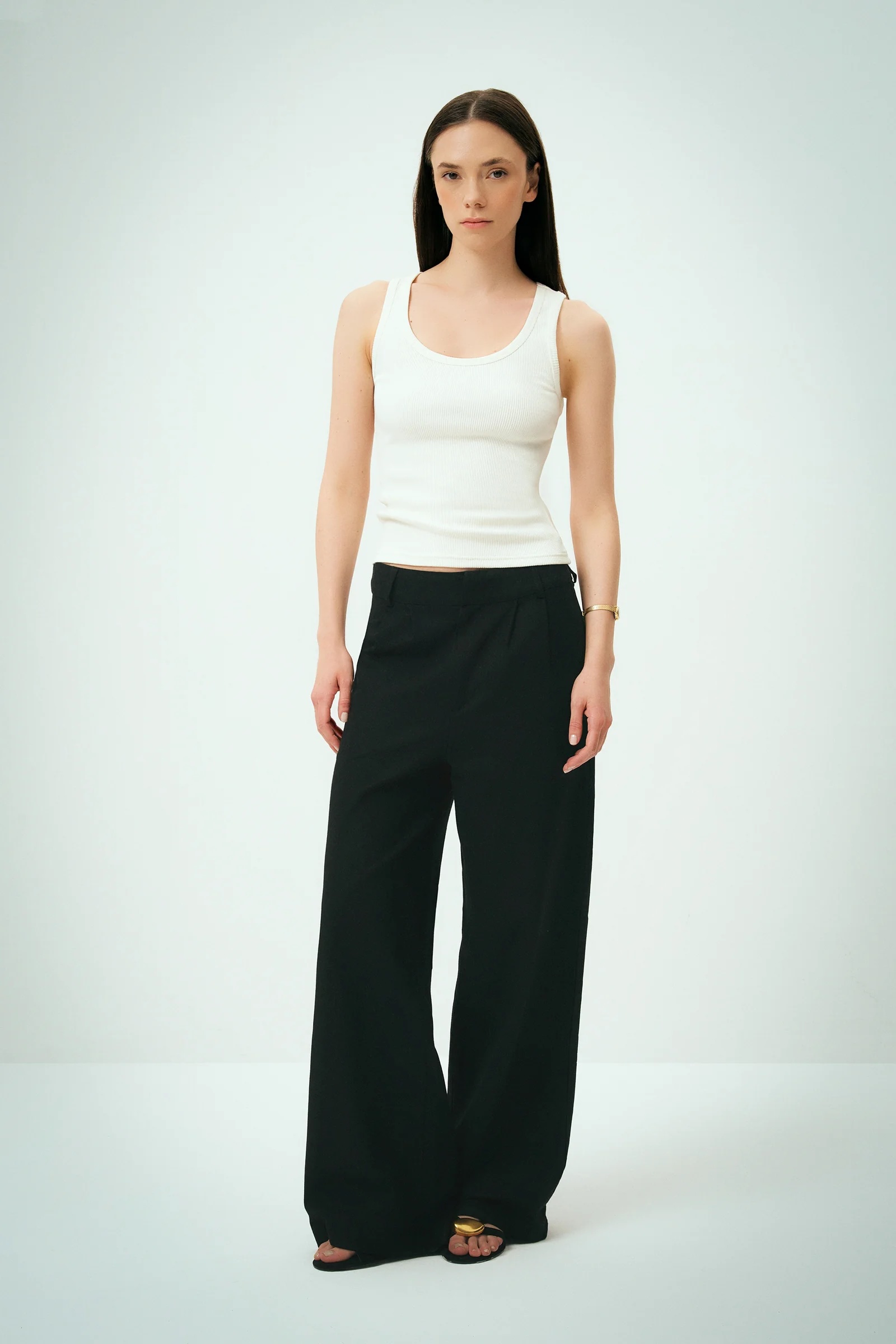 Noir Keten Palazzo Pantolon