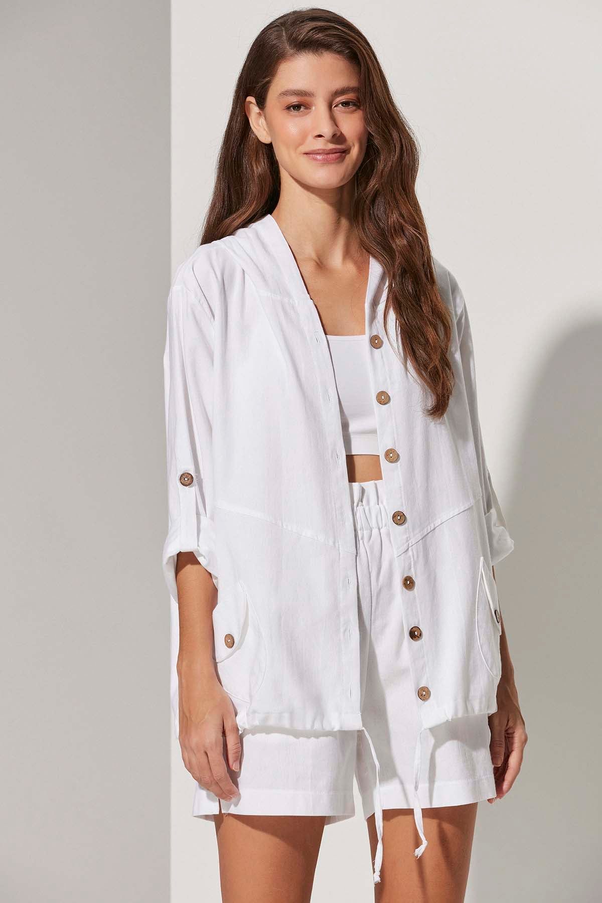 Uzun Kol Koko Düğme Kapuşonlu Ceket