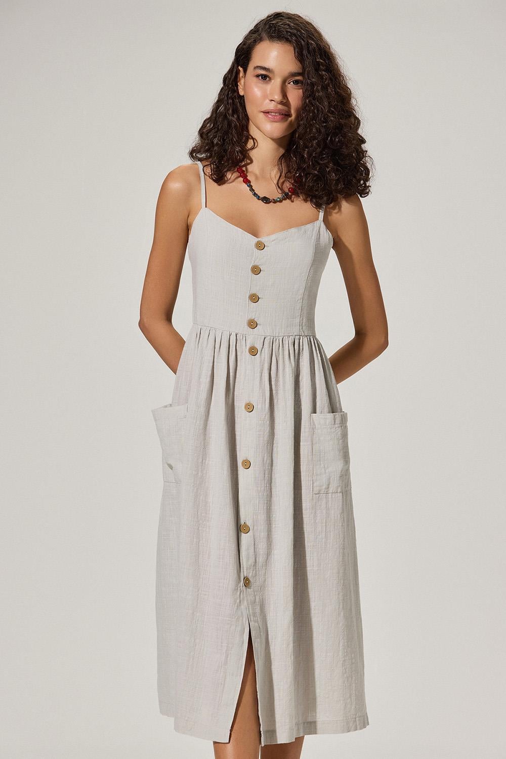 Askılı Gri Coco Düğmeli Elbise