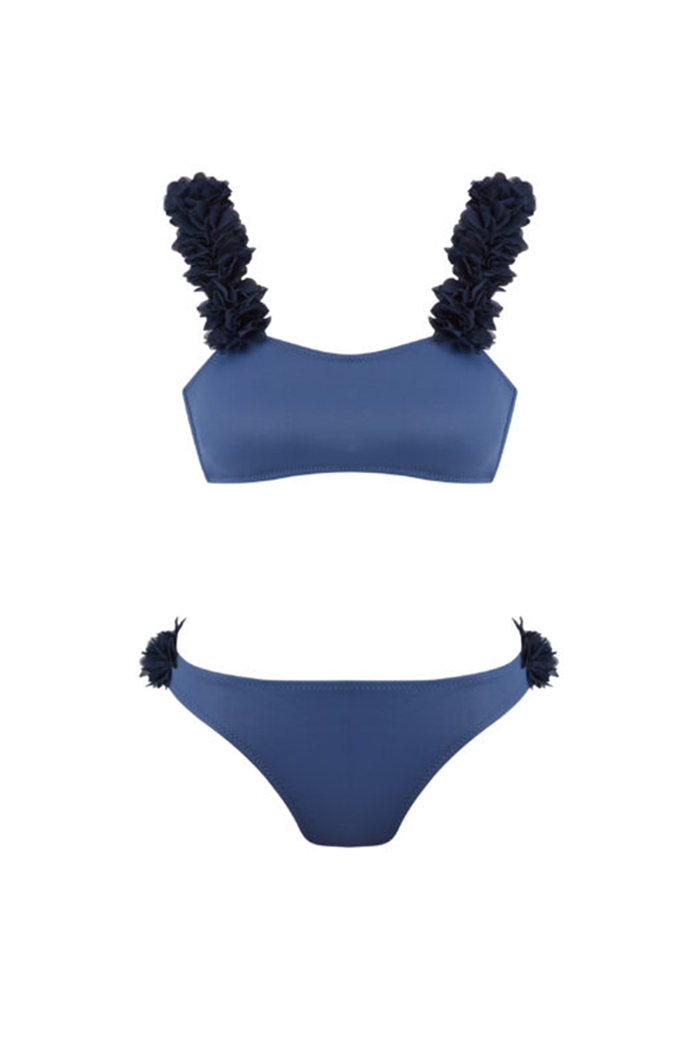 Lacivert Şifon Çiçekli Askılı Rosa Mavi Bikini