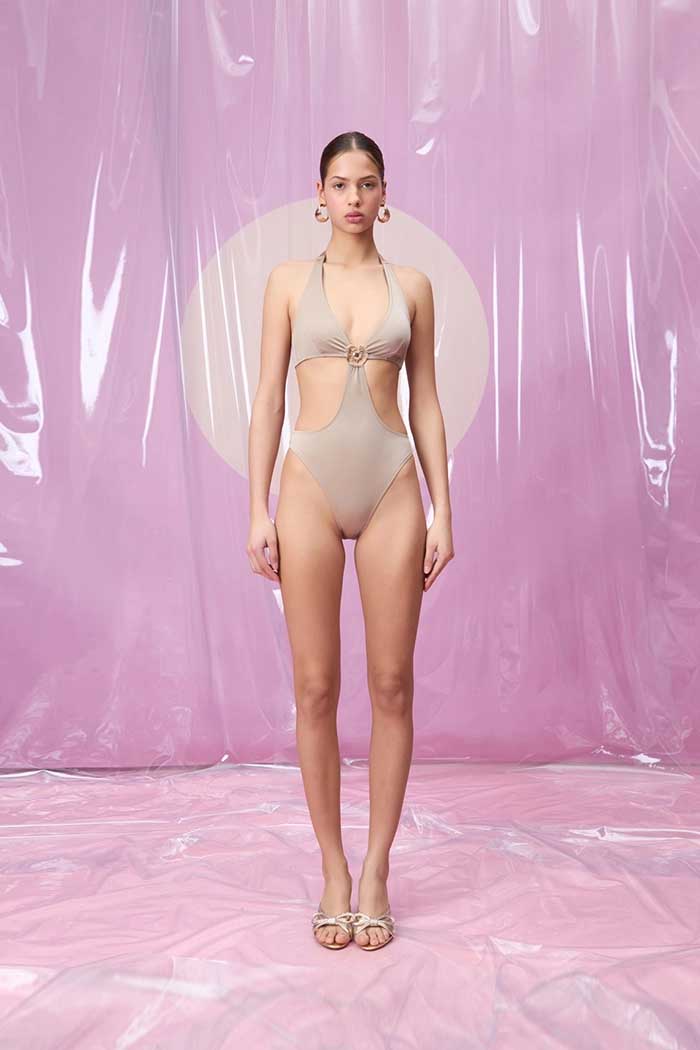 MARINA STONE BEIGE GÜNEŞ AKSESUARLI ÜÇGEN BOYUNDAN BAĞLAMALI MAYO