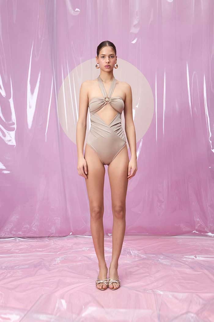 FUEGO STONE BEIGE GÜNEŞ AKSESUARLI BALENLİ BOYUNDAN BAĞLAMALI MAYO