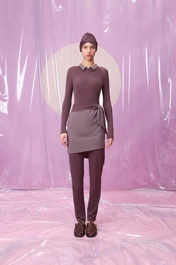 ROMINA ROUGE POLO YAKA ETEKLİ TESETTÜR TAKIM MAYO