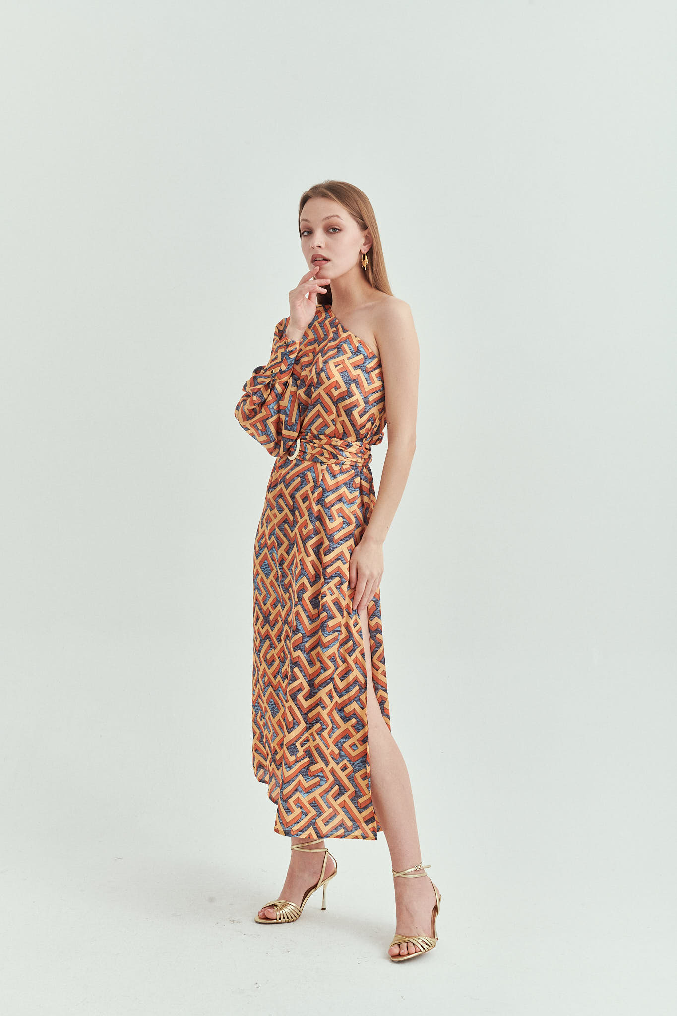 Helene Tek Omuzlu Elbise, Labirent Desenli