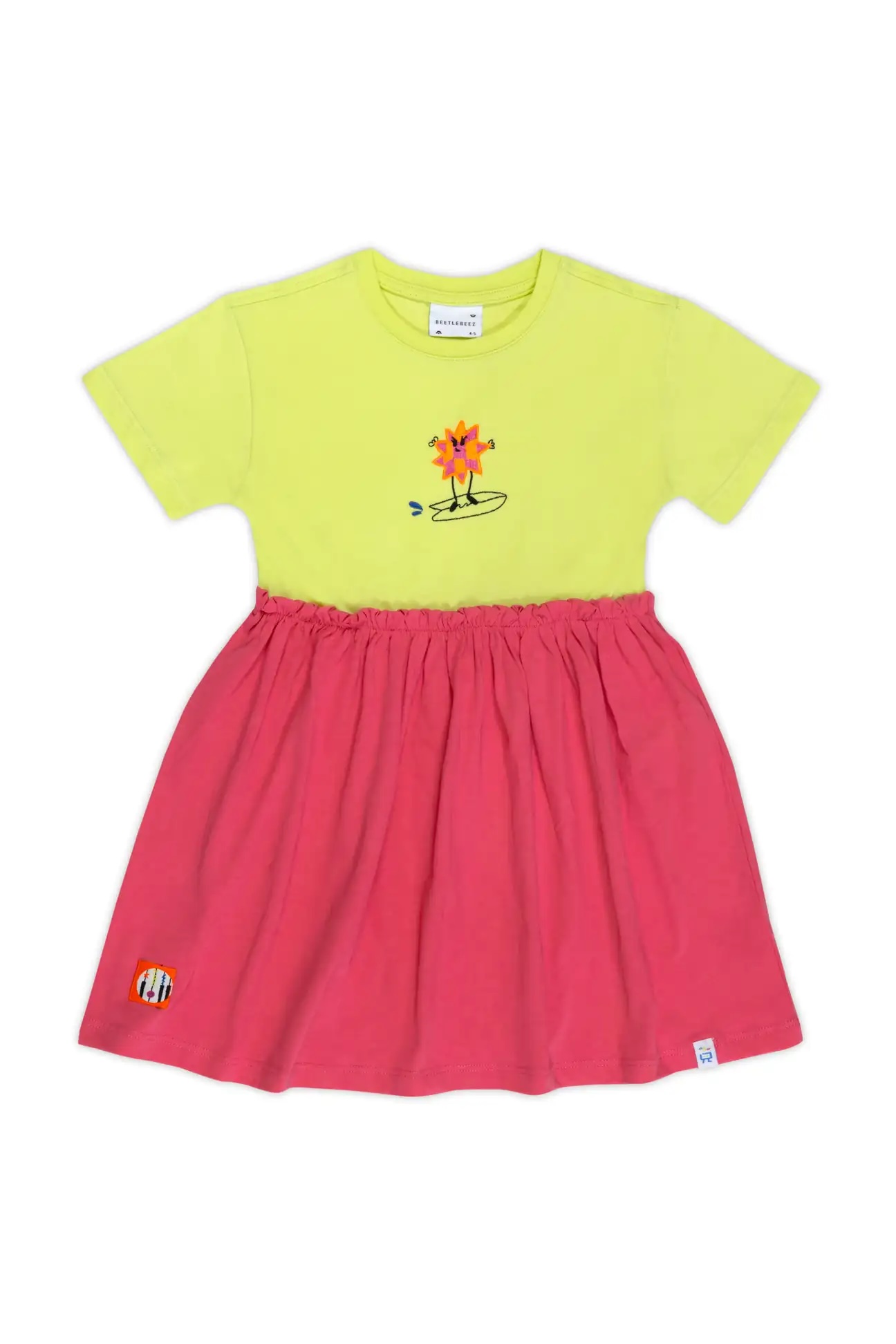 Surf and Fun Büzgülü Elbise - Lime & Pembe