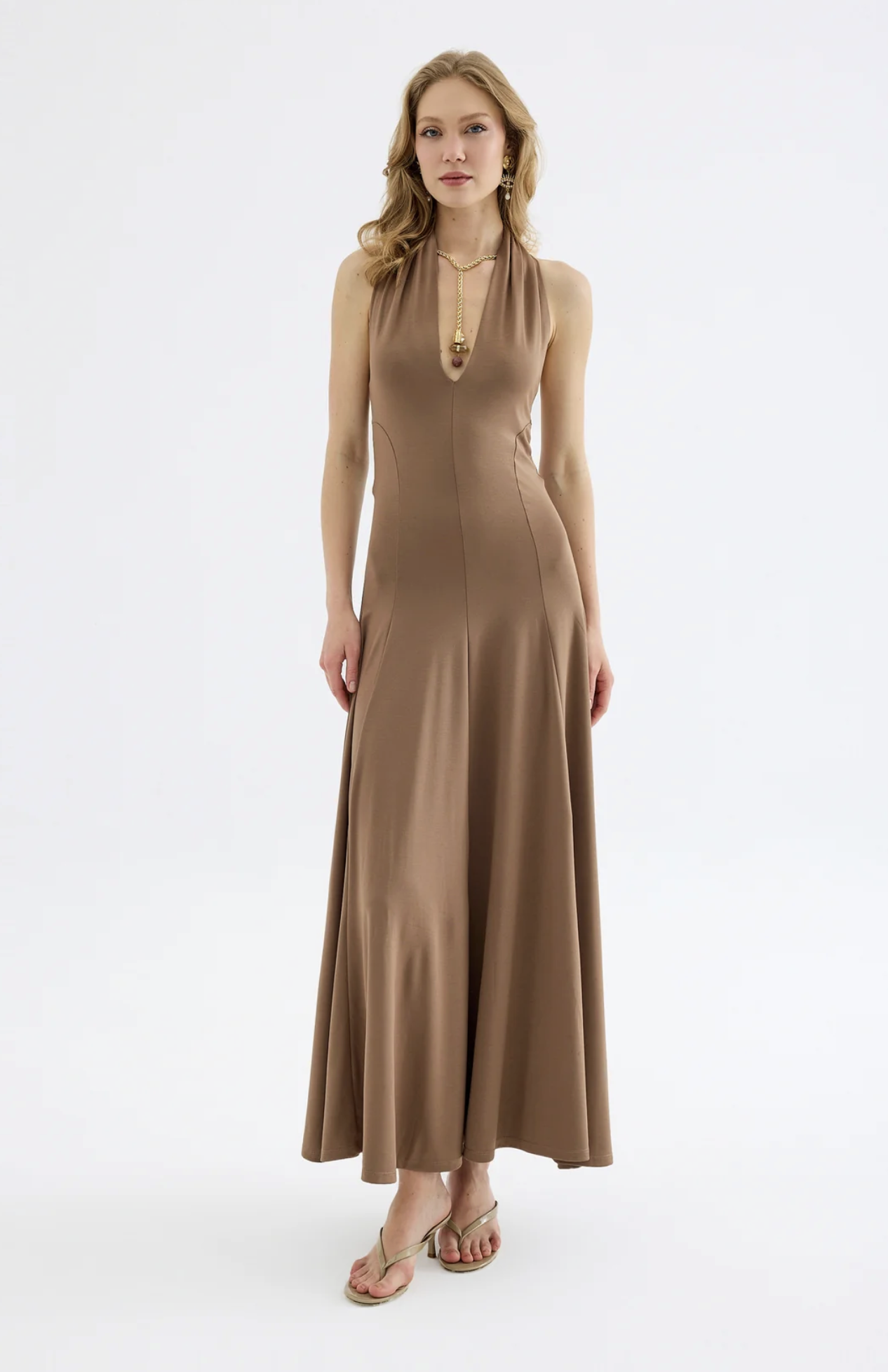 Isolde Viskon Halter Maxi Elbise - Bej