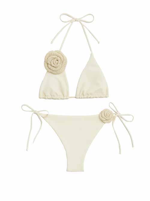 Rosalia White Triangle Bikini With Handmade Macrame White Rose