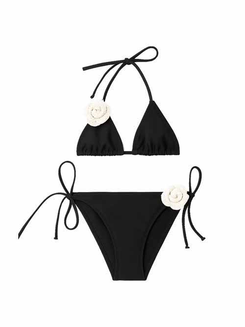 Rosalia Black Kids Bikini With Handmade Macrome White Rose
