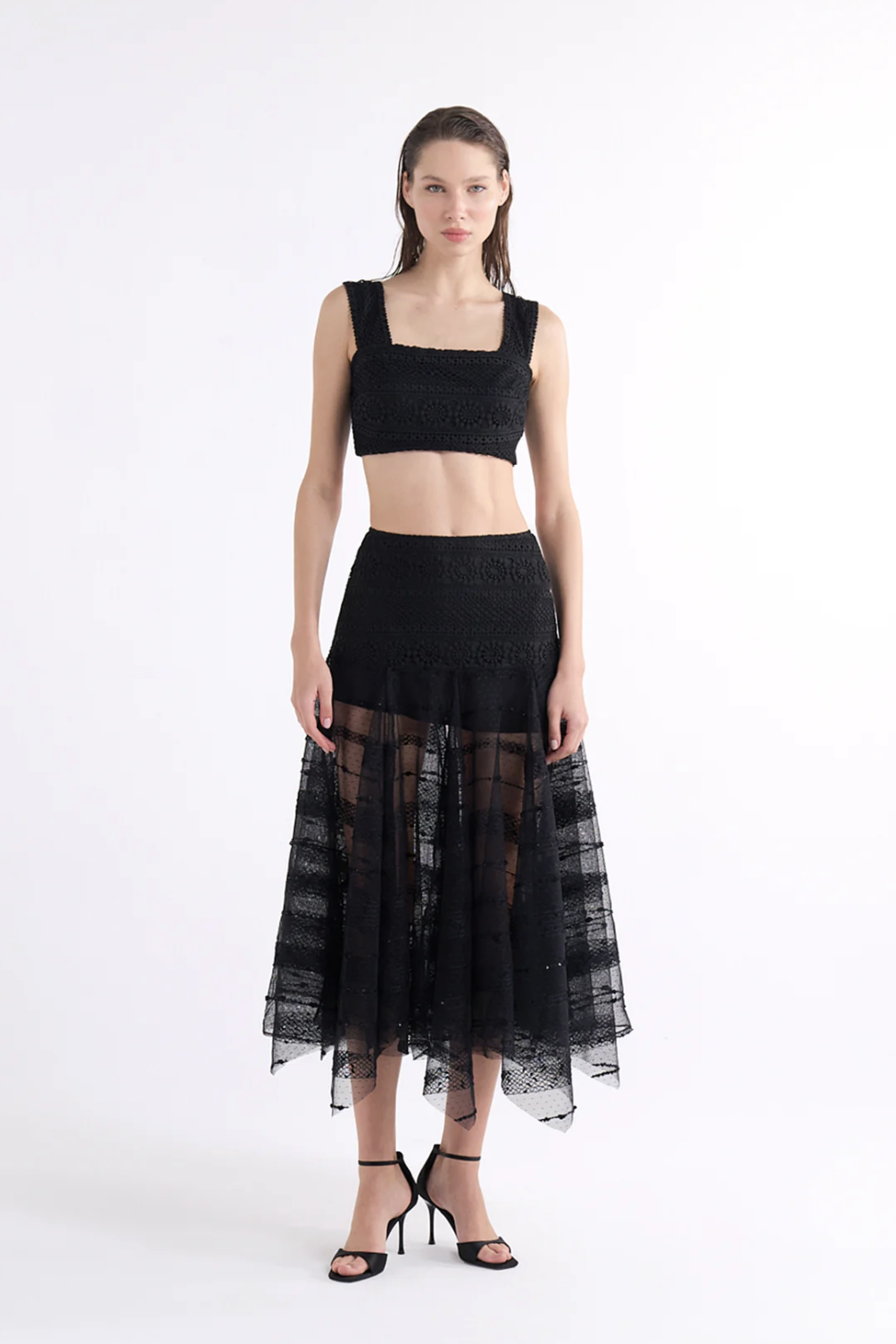 KATARIN HIGH-WAISTED BLACK MIDI ETEK WITH SHEER DETAILS