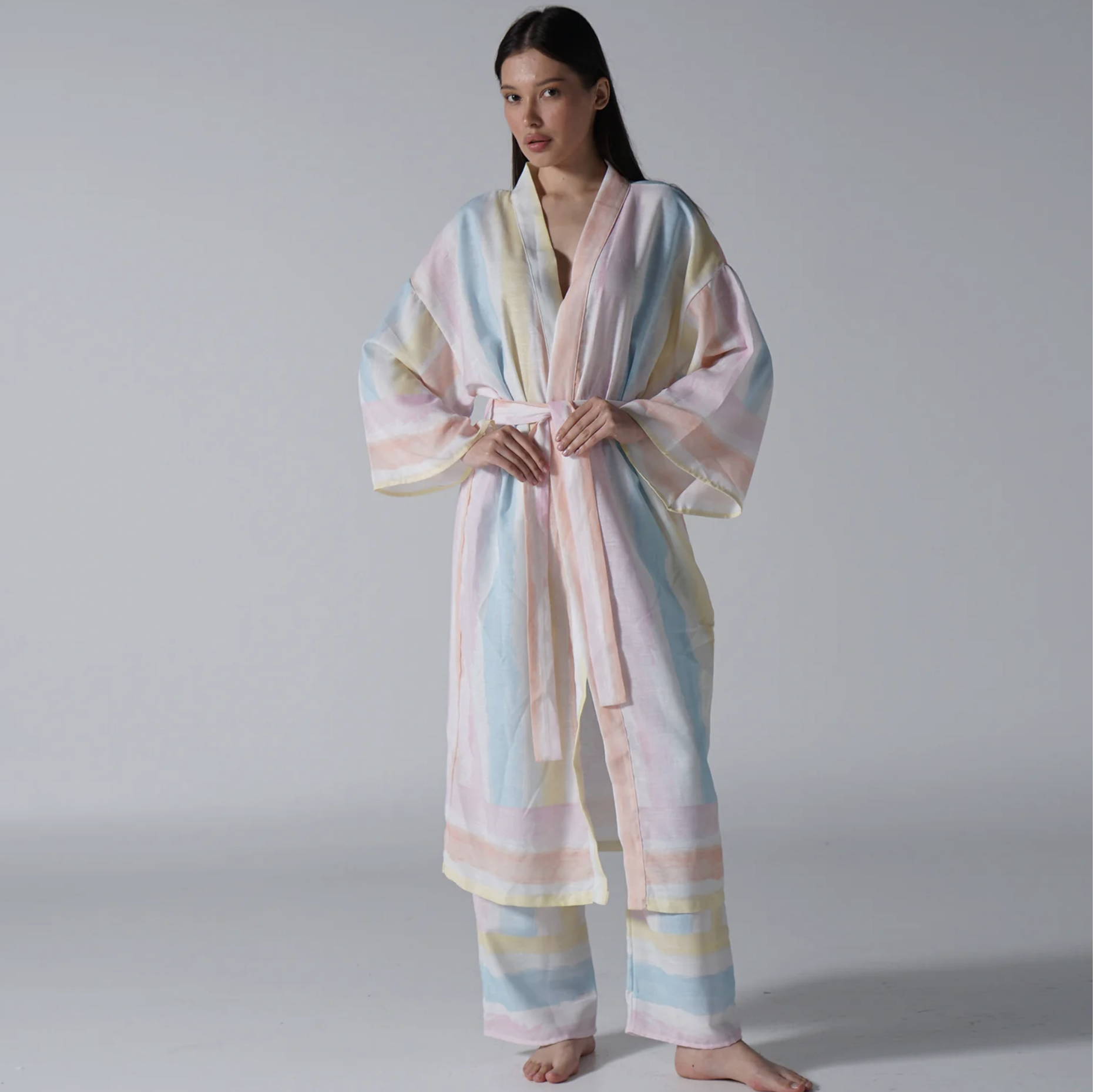 Pastel Çizgili Keten Dokulu Kimono