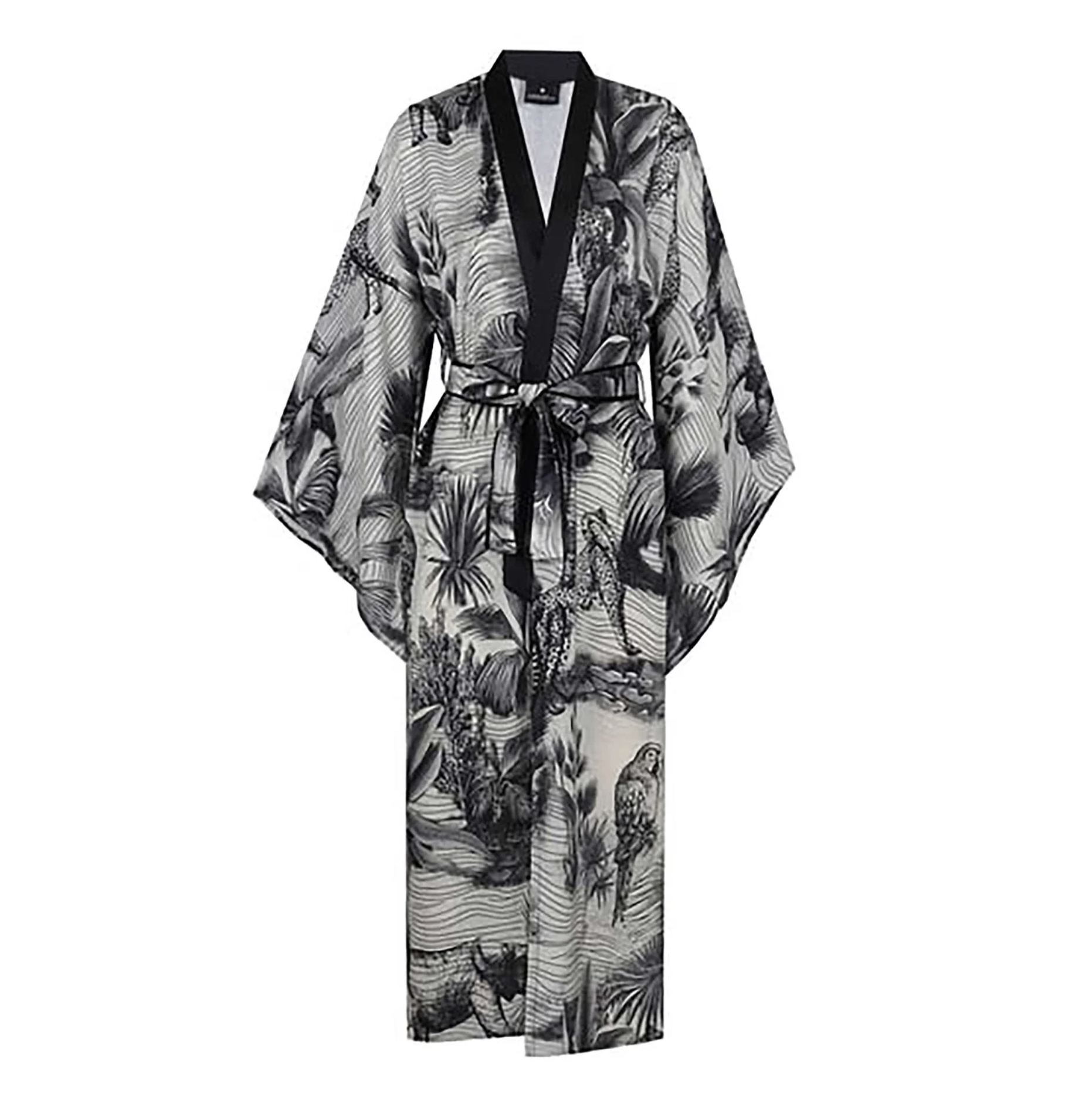 Majorel Botanik Desenli Siyah Beyaz Kimono