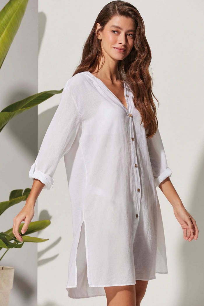 Kapüşonlu Uzun Beyaz Kadın Gömlek