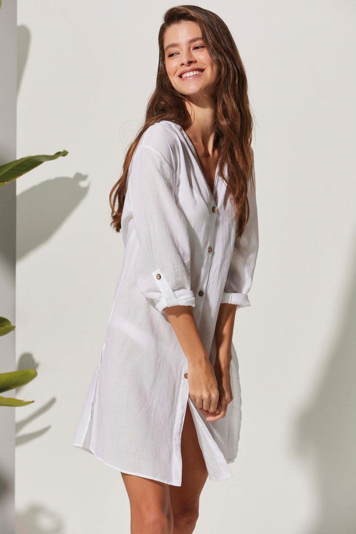 Kapüşonlu Uzun Beyaz Kadın Gömlek