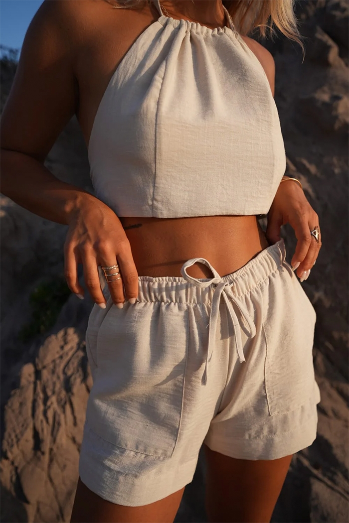 %100 Keten Bağlamalı Crop Bluz