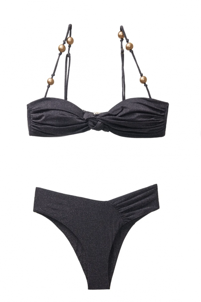 Simli kumaş boncuklu bikini takımı