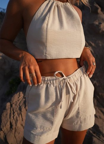 %100 Keten Bağlamalı Crop Bluz