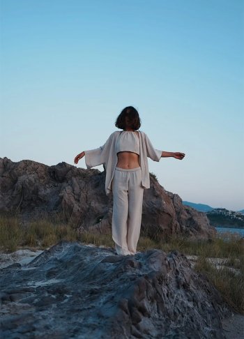 %100 Keten Oversize Kimono Bej