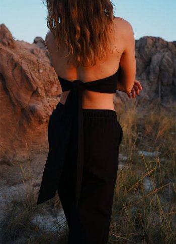 %100 Keten Bağlamalı Crop Bluz